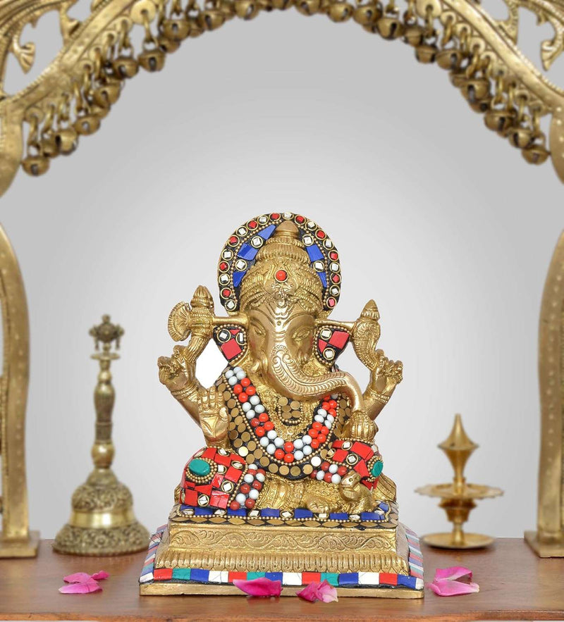 Brass Lord Ganesha Idol (Height 7.5 Inch) (multicolour)