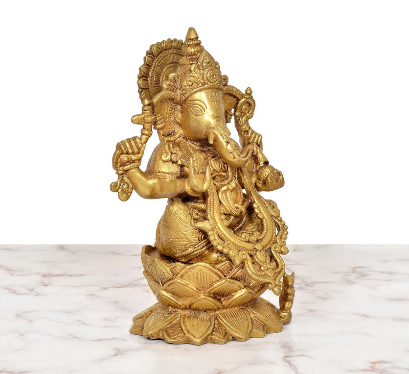 Brass Lord Ganesha Sitting On Lotus Sculpture (Height 9.5 Inch)