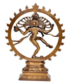 Brass Nataraj Lord Shiva idol from back view, spoked halo and flowing arms