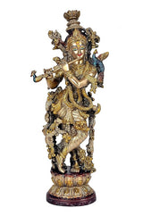 Brass Radha Krishna idol statue of Krishna, standing with flute and detailed gold dress