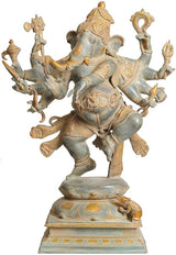 Ganesha brass idol with ornate trunk crown, multiple arms holding objects, pedestal