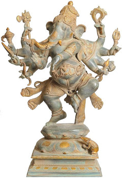 Ganesha brass idol with ornate trunk crown, multiple arms holding objects, pedestal