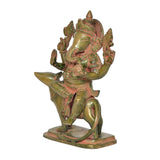Brass Ganesha riding mouse figurine, side view with painted accents