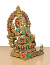 Lakshmi goddess brass idol with teal outfit and multi-color painted base ornaments