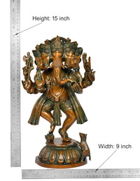 Brass Panchmukhi Ganesha statue with size markings: Height 15 in, Width 9 in, green-gold