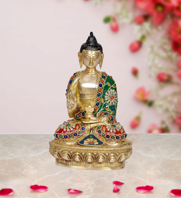 Brass Buddha Statue - Handcrafted Spiritual Decor for Home and Office - Meditating Buddha Idol Multicolor (Height 8 Inch) (Golden ST)