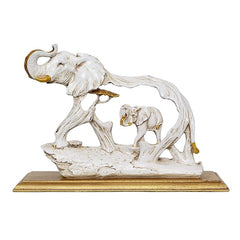 Weiße Elefantenfigur aus Polyresin: großer Elefant mit Kalb, goldener Sockel