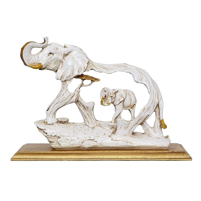 Polyresin Elephant with Baby Home Decor Showpiece Animal Figurine Antique Idol - Height 7.2 Inch, White