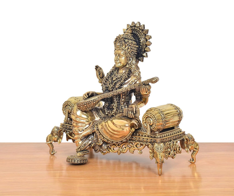 Bronze Goddess Saraswati On Throne Idol (Height: 8 inch)