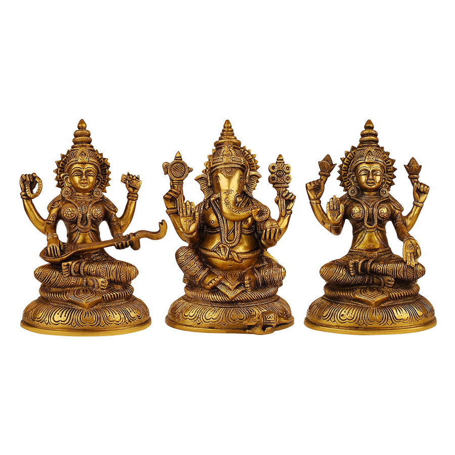 Brass Lakshmi Ganesha Saraswati Idol (Height :8 Inches) Craft Detail