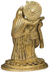 Brass Radha-Krishna Idol side view: Krishna’s arm raised, ornate halo backplate, base