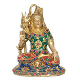Brass Shiva Shiv Murti sculpture with raised trident, jeweled green outfit and red-blue base