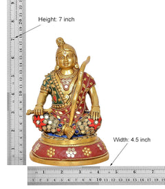 Brass Ram Lala seated statue, height 7 inch, width 4.5 inch; jeweled maroon skirt