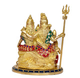 Angled view Shiv Parivar family idol with trident visible and decorated round base