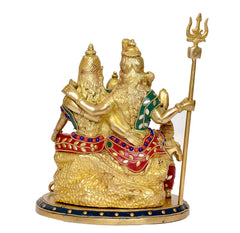 Angled view Shiv Parivar family idol with trident visible and decorated round base