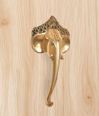 Golden brass Ganesha face door handle with detailed trunk and rounded side plates