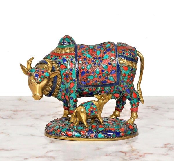 Brass Kamdhenu Cow with Calf Showpiece (Height: 7 inch) Study Setting