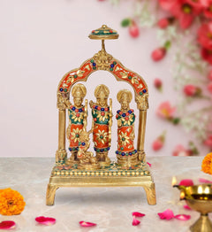 Brass Ram Darbar idol: three seated figures under jeweled arch, multicolor accents
