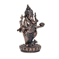 Lord Ganesha resin idol figurine, dark bronze tone, side view with bowl, lotus base, 5 inch