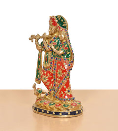 Radha-Krishna Statue mit seitlichem Blick, goldene Akzente, farbige Perlenornamente