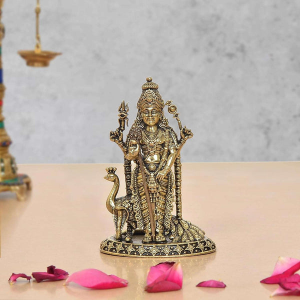 Superfine Brass Standing Lord Kartikeya with Peacock Murugan Murti (Height 4 Inch)