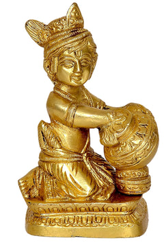 Brass Laddu Gopal Makhan Chor idol, close view of face and butter pot, 4.5 in