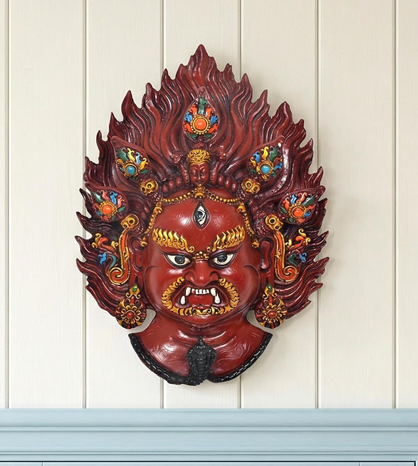 Resin Nazar Battu - Mahakal Wall Hanging Mask Nepali Style (Height : 13 Inches) (Red)