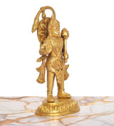 Golden Hanuman Ji brass statue, three-quarter view, raised mace hand and ornate details.