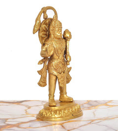 Golden Hanuman Ji brass statue, three-quarter view, raised mace hand and ornate details.