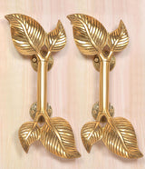 Brass twin-leaf door handle pair on two backplates, golden finish