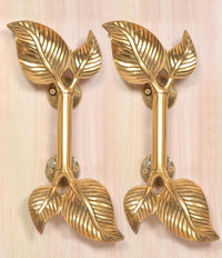 Brass twin-leaf door handle pair on two backplates, golden finish