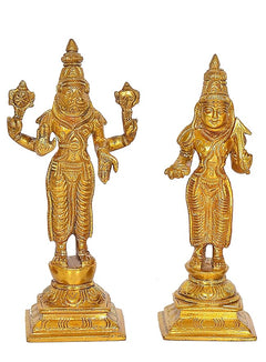 Gold Dasavatharam Vishnu avatar statue pair, standing figures with arched pose