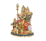 Side view brass Shiv Parivar idol with Kartikeya and Ganesha, colorful ornaments