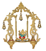 Brass Ganesha jhula showpiece, front view with colorful accents and four bells