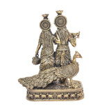 Brass Radha and Krishna statue idol rear angle, sculpted hair ornaments and flute hand