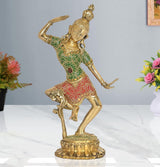 Brass dancing Shiva Parvati statue, green and red enamel outfit, raised hands