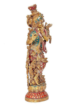Brass Krishna statue side view, flute in hand, colorful stonework ornaments, 14 inches