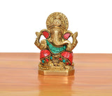 Brass Ganpati Bappa murti, seated front, golden details, red & teal attire, 3 inch