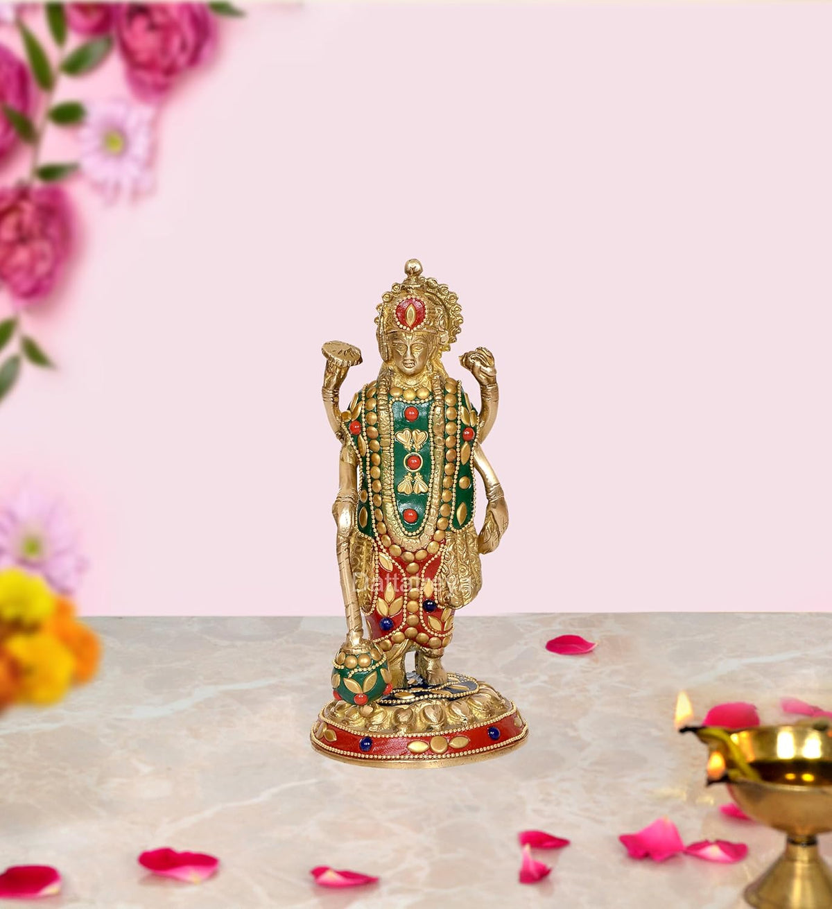 Brass Vishnu idol, four-armed standing, gemstone-style stonework, ornate painted details