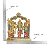Brass Ram Darbar statue idol, height 11 inch; three figures with red/blue patterned clothes