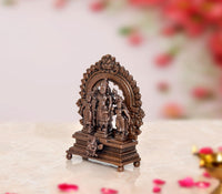 Copper Vishnu with Shridevi and Bhudevi statue, side view with raised base
