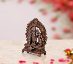 Copper Vishnu with Shridevi and Bhudevi statue, side view with raised base