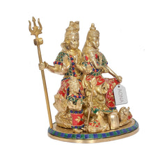 Brass Shiv Parivar idol with trident, Kartikeya and Ganesha in multicolor attire