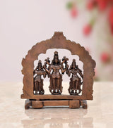 Copper Vishnu Shridevi and Bhudevi statue, back view under arched panel with three figures