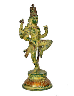 Brass Ardhanrishvara dancing statue, torso and headdress details, multitone green-gold finish