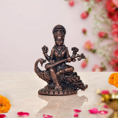 Copper Maa Saraswati idol, seated with veena, 3 inch height for school bag charm