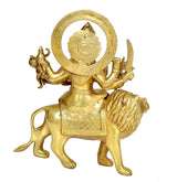 Messingfigur Maa Durga mit großer Aureole, seitlich, Reittier Löwe