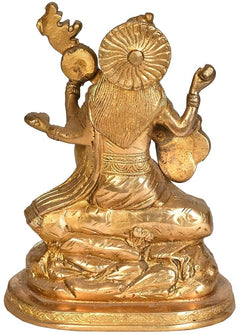 Brass Saraswati Maa statue back view, seated with veena, 7.5 inch