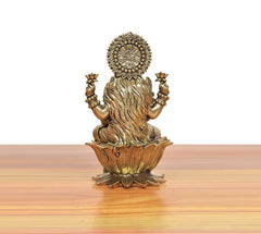 Bronze Lakshmi idol on lotus, rear view with flowing hair details and crowned head