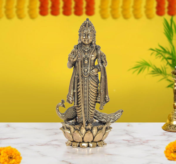 Superfine Brass Standing Lord Kartikeya with Peacock Murugan Murti (Height 8 Inch)